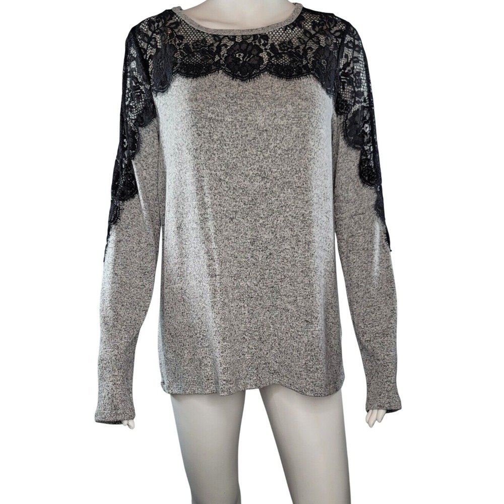 Rewind Heather Gray With Black Lace Trim Sweater